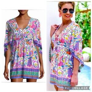 Trina Turk Jungle Beach Floral Birds Print Swim Cover-Up XS Mini Kaftan Sleeve